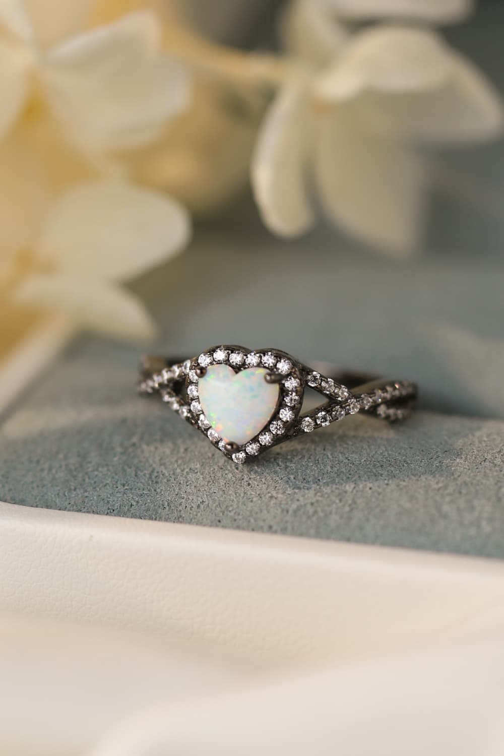 Opal Heart Black Gold-Plated Ring – Sterling Silver & Zircon | MerchLuxx - MerchLuxx