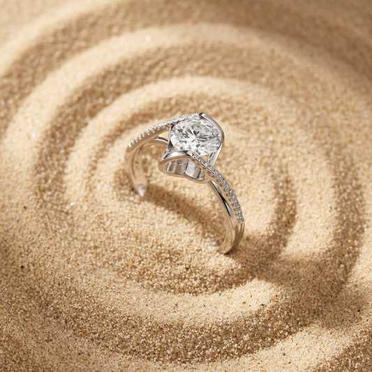 1 carat moissanite crossover ring with pavé band in platinum-plated 925 sterling silver