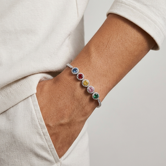 5 carat multicolor moissanite bracelet in sterling silver in a jewelry box