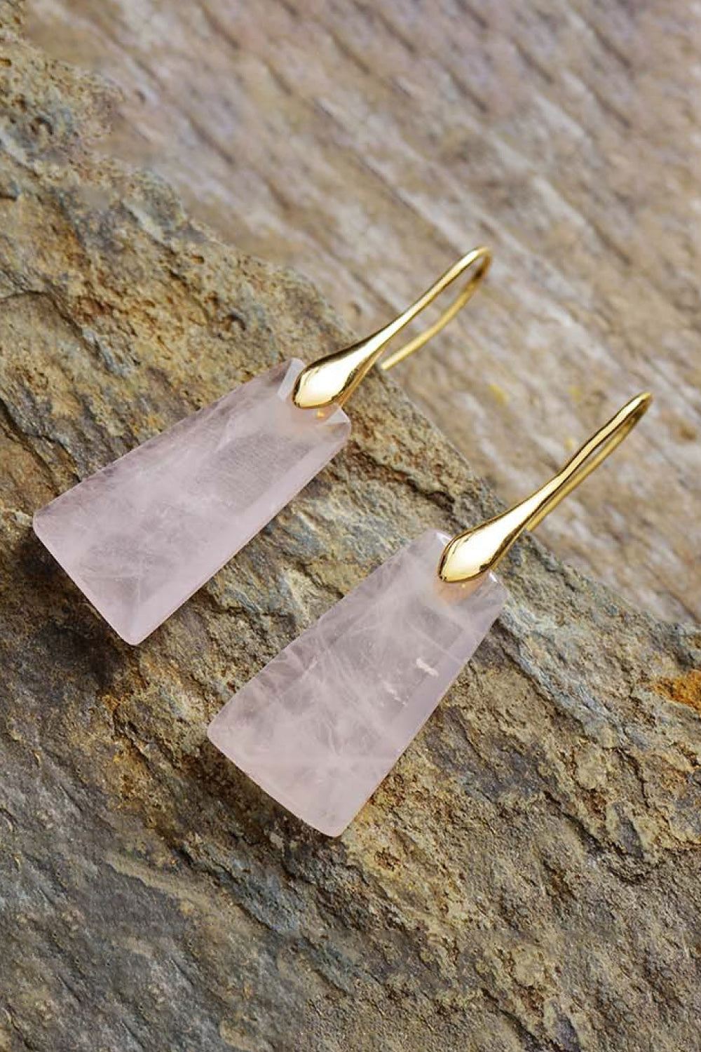 Handmade Geometric Natural Stone Dangle Earrings – Rose Quartz & Gold | MerchLuxx - MerchLuxx