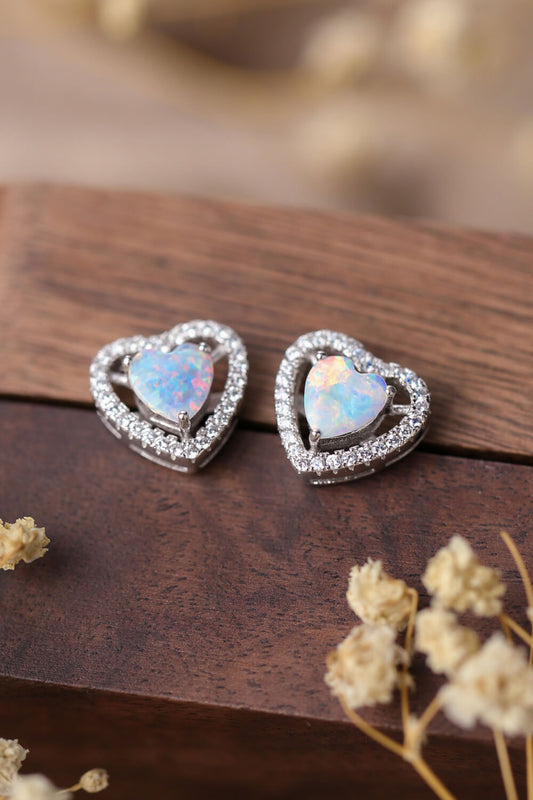 925 Sterling Silver Opal Heart Stud Earrings – Platinum-Plated | MerchLuxx - MerchLuxx