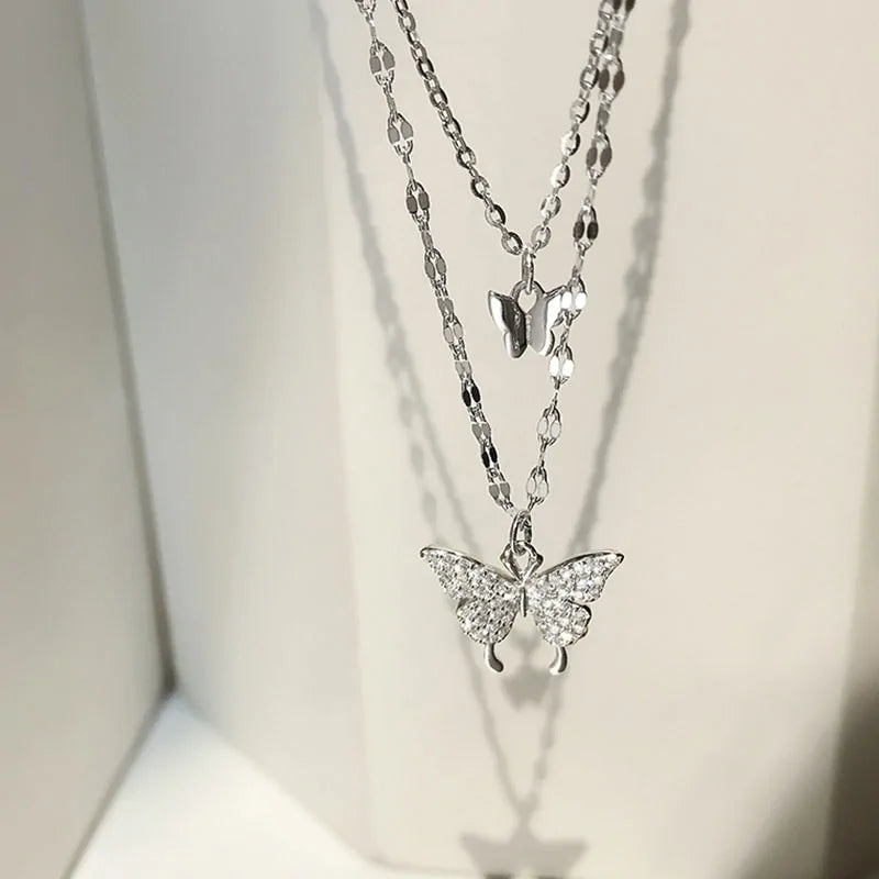925 Sterling Silver CZ Butterfly Necklace – Double Layer Elegance | MerchLuxx - MerchLuxx