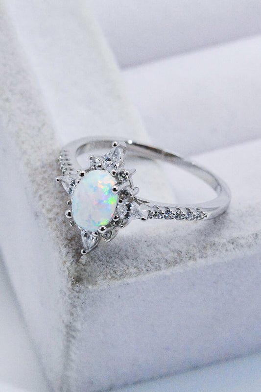 Platinum-Plated Opal & Zircon Ring – Sterling Silver Minimalist Design | MerchLuxx - MerchLuxx