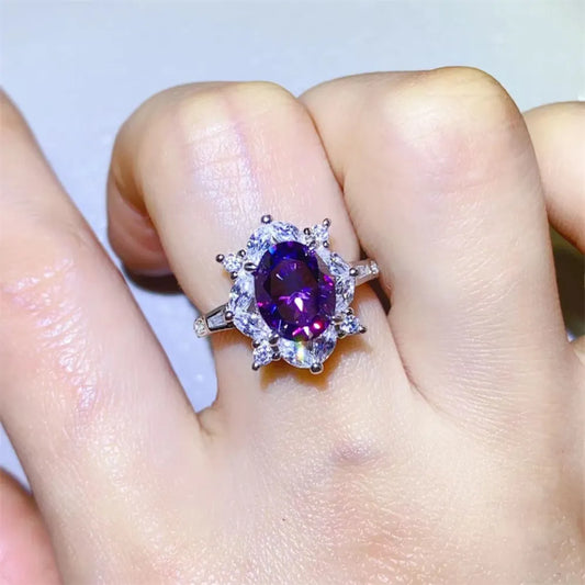 Veloria 2-carat violet moissanite floral halo ring in sterling silver by MerchLuxx