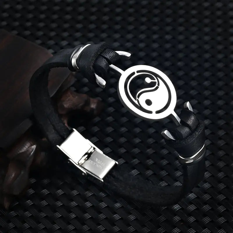 Stainless Steel Tai Chi Yin Yang Fish Leather Bracelet – Bold & Balanced | MerchLuxx - MerchLuxx