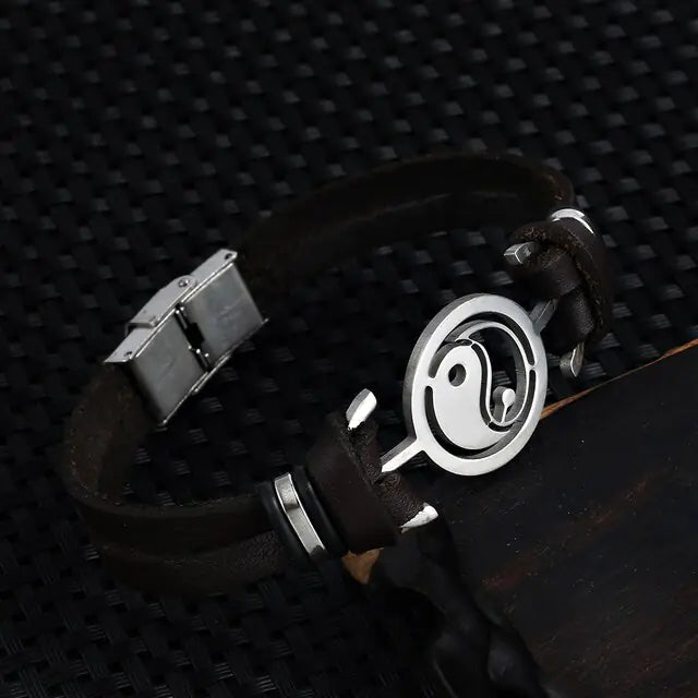Stainless Steel Tai Chi Yin Yang Fish Leather Bracelet – Bold & Balanced | MerchLuxx - MerchLuxx
