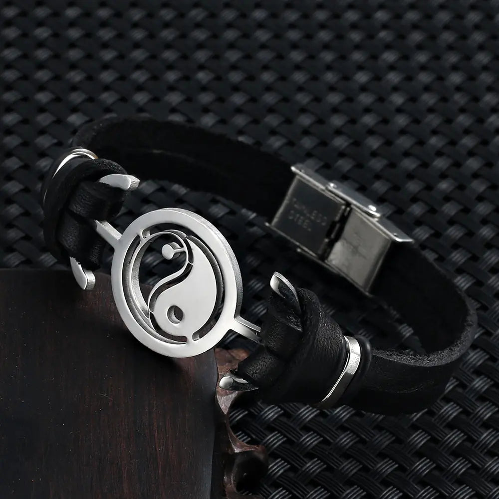 Stainless Steel Tai Chi Yin Yang Fish Leather Bracelet – Bold & Balanced | MerchLuxx - MerchLuxx