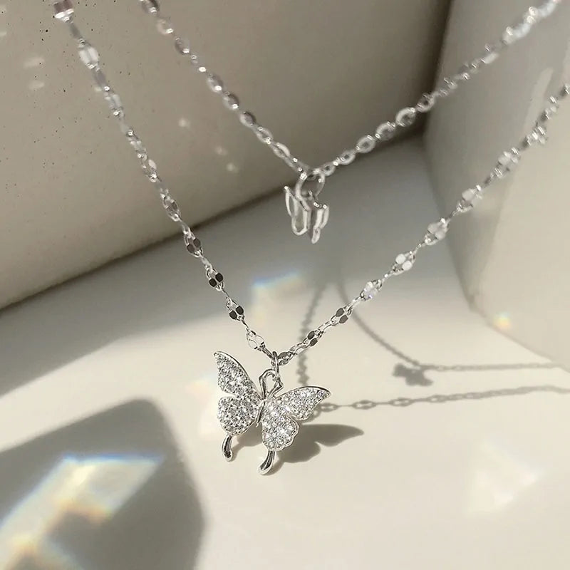 925 Sterling Silver CZ Butterfly Necklace – Double Layer Elegance | MerchLuxx - MerchLuxx