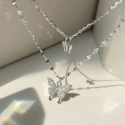 925 Sterling Silver CZ Butterfly Necklace – Double Layer Elegance | MerchLuxx - MerchLuxx