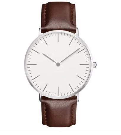 Minimalist dress watch with white dial and brown leather strap by MerchLuxx