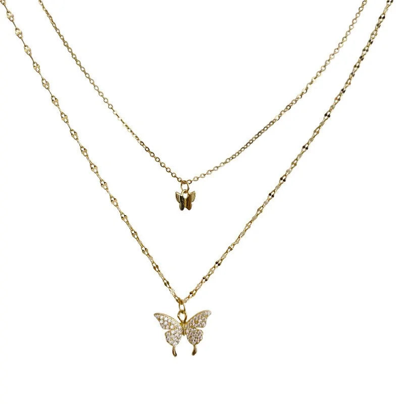925 Sterling Silver CZ Butterfly Necklace – Double Layer Elegance | MerchLuxx - MerchLuxx