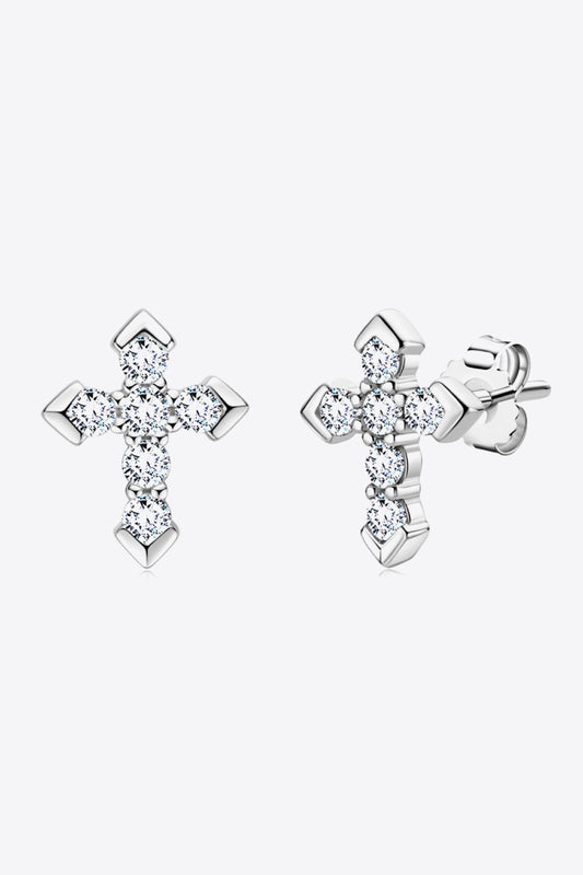 Moissanite Cross Stud Earrings | 925 Sterling Silver & Platinum | MerchLuxx - MerchLuxx