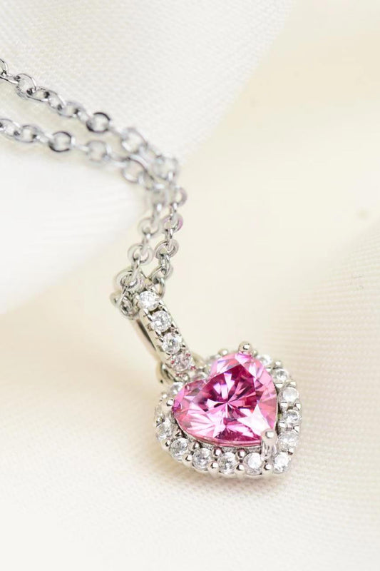 1 carat pink heart moissanite pendant necklace in platinum-plated 925 sterling silver with zircon halo