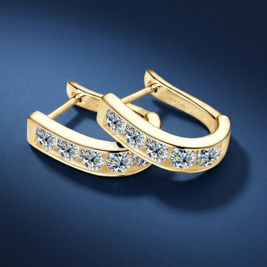 1 carat channel set moissanite earrings in platinum and 18K gold-plated 925 sterling silver