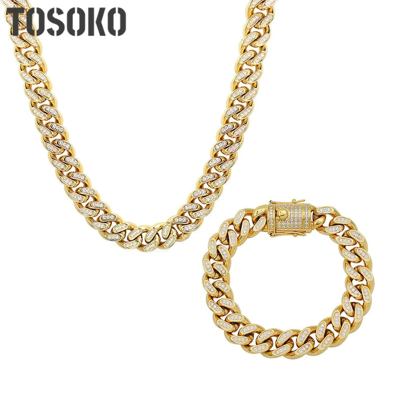 TOSOKO Hip Hop Cuban Chain Jewelry Set – 18K Gold-Plated Elegance | MerchLuxx - MerchLuxx