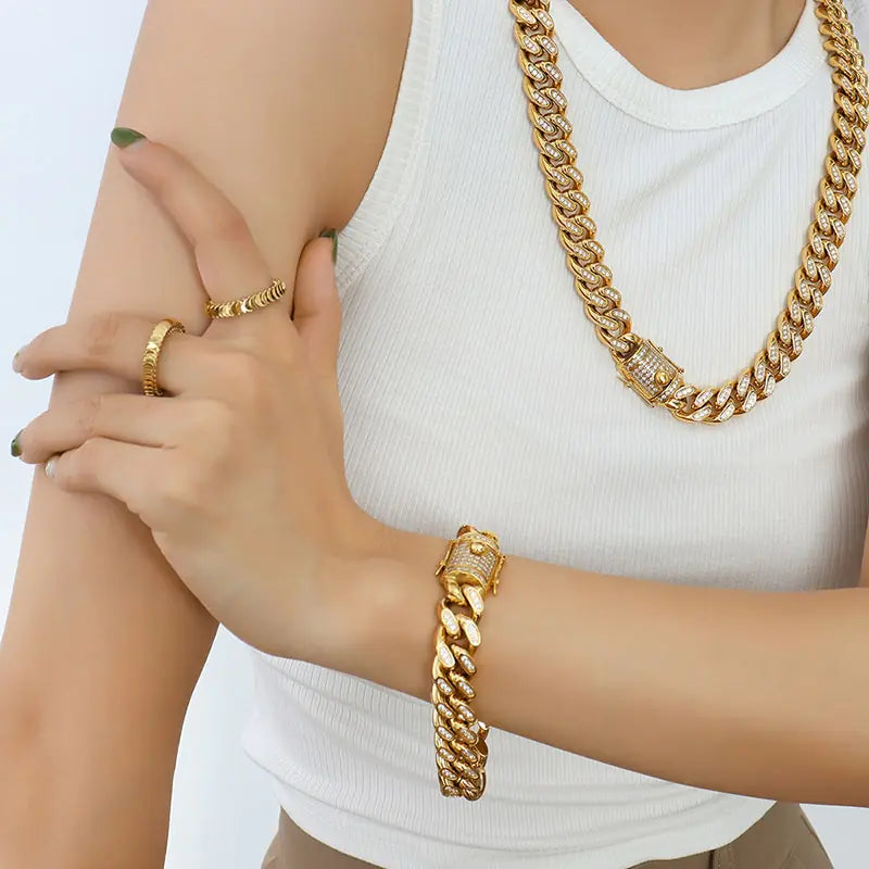 TOSOKO Hip Hop Cuban Chain Jewelry Set – 18K Gold-Plated Elegance | MerchLuxx - MerchLuxx