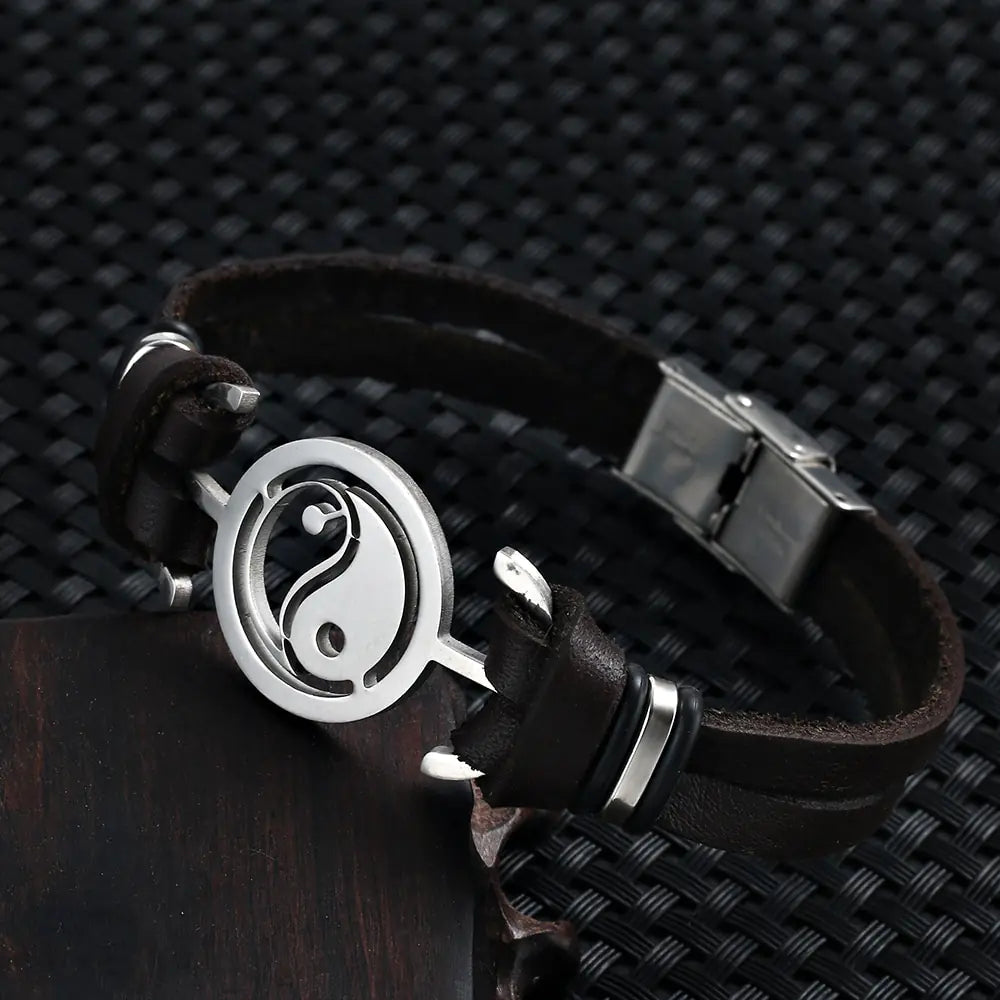 Stainless Steel Tai Chi Yin Yang Fish Leather Bracelet – Bold & Balanced | MerchLuxx - MerchLuxx