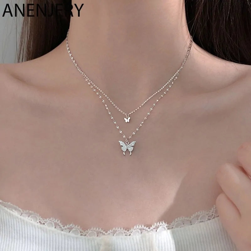 925 Sterling Silver CZ Butterfly Necklace – Double Layer Elegance | MerchLuxx - MerchLuxx