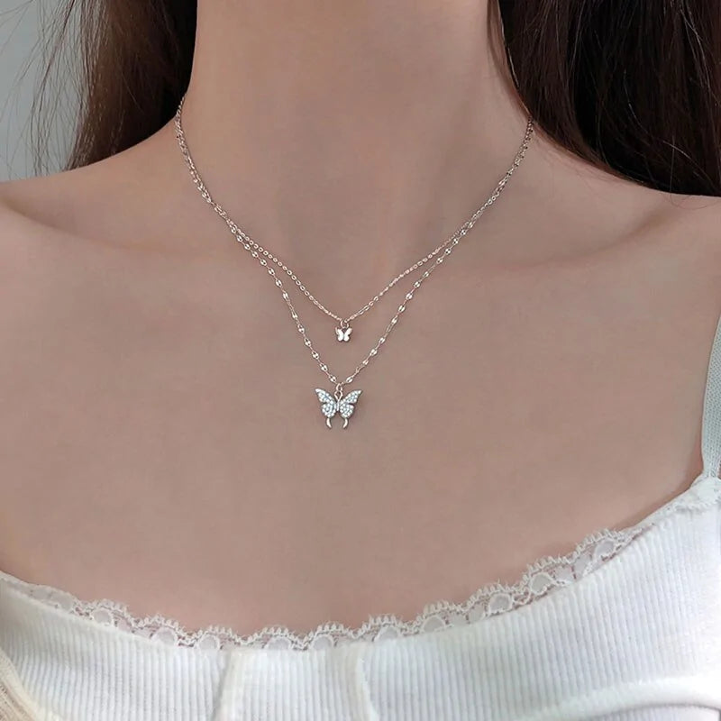 925 Sterling Silver CZ Butterfly Necklace – Double Layer Elegance | MerchLuxx - MerchLuxx