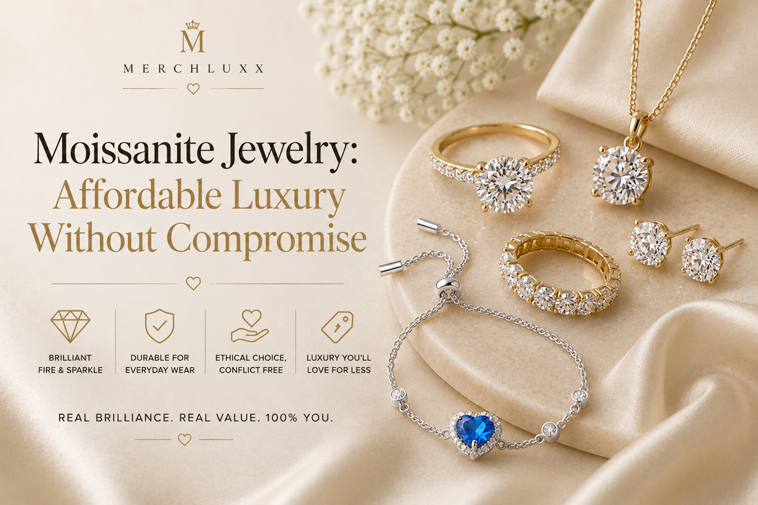 Moissanite jewelry collection including ring, necklace, stud earrings, eternity band and heart bracelet on cream silk background with MerchLuxx branding