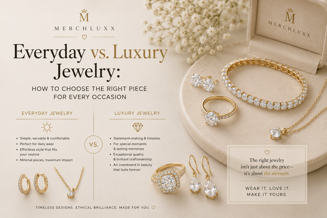 Everyday vs luxury moissanite jewelry comparison showing simple huggies and pendant necklace alongside statement ring, bracelet and drop earrings in MerchLuxx gift box