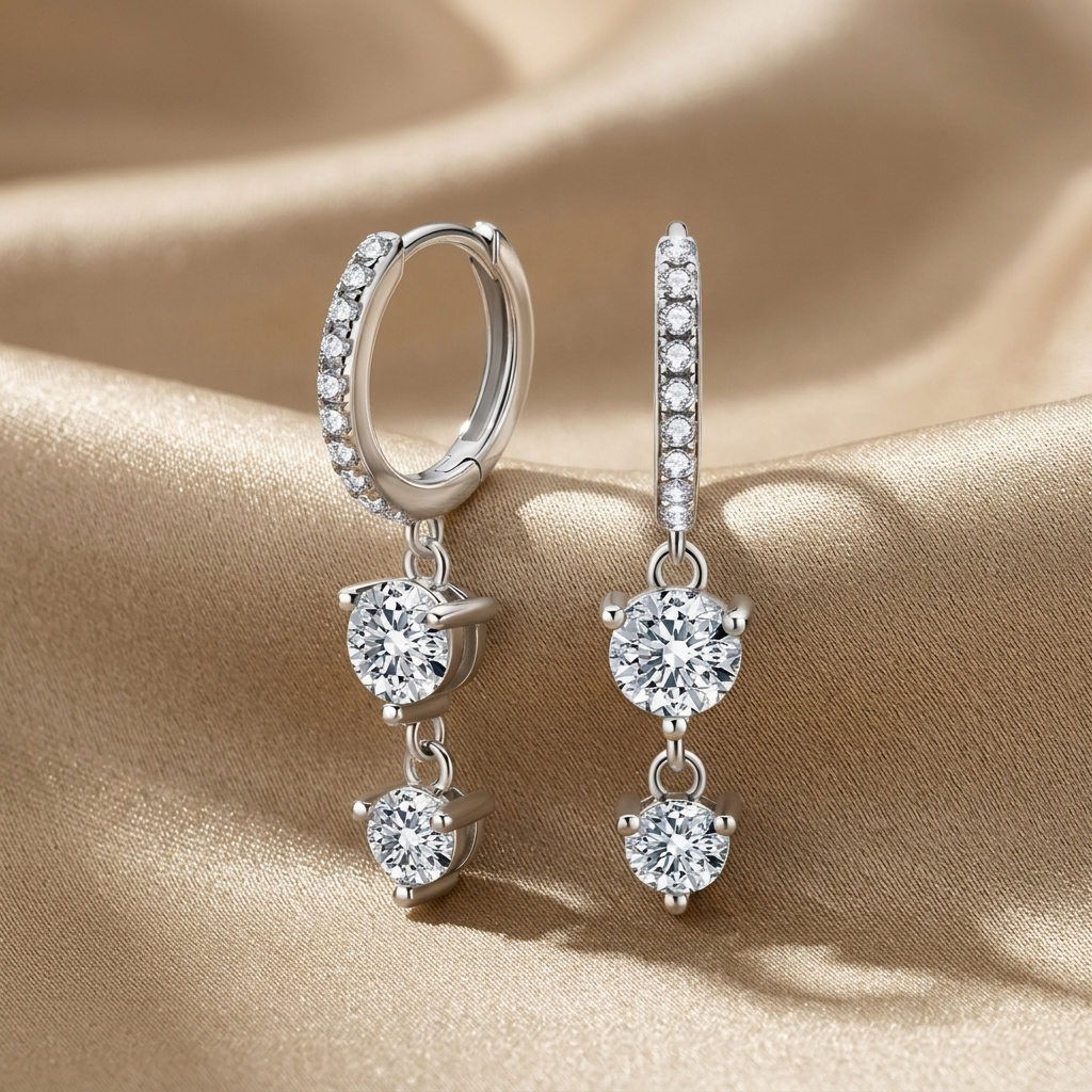 0.5 carat moissanite drop earrings in sterling silver  with multiple gemstones on a beige fabric background