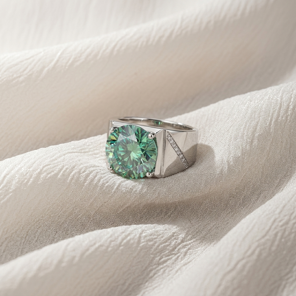Verdante 10-carat green moissanite signet ring in platinum-plated sterling silver by MerchLuxx