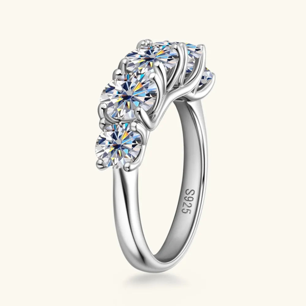 Angled view of the Aurivelle™ Five Stone Ring highlighting five round moissanite stones