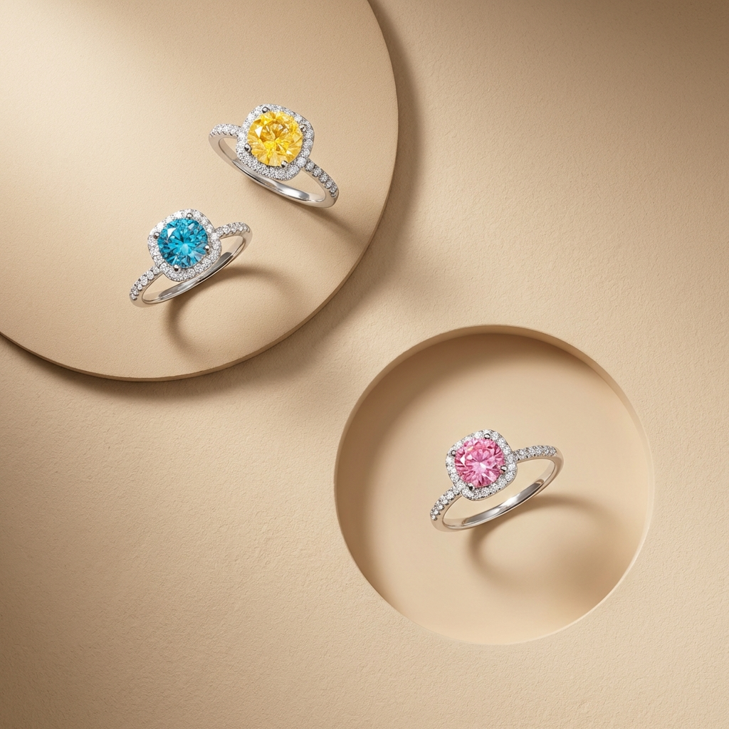 Adorea 1-carat moissanite halo ring in sterling silver by MerchLuxx with a central blue, gold or pink moissanite surrounded by smaller clear stones on a beige background