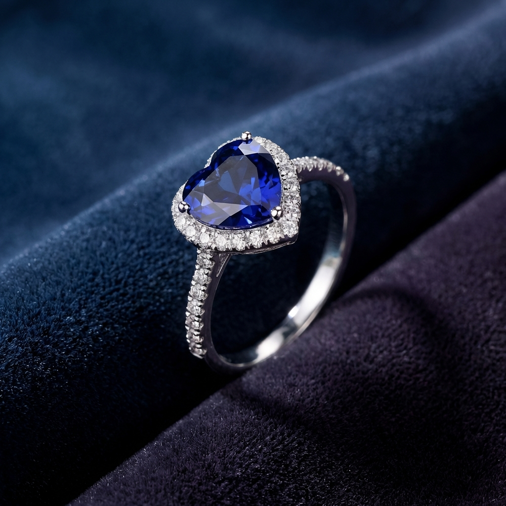 2 carat blue heart moissanite ring in platinum-plated sterling silver with pavé side stones on a dark fabric background