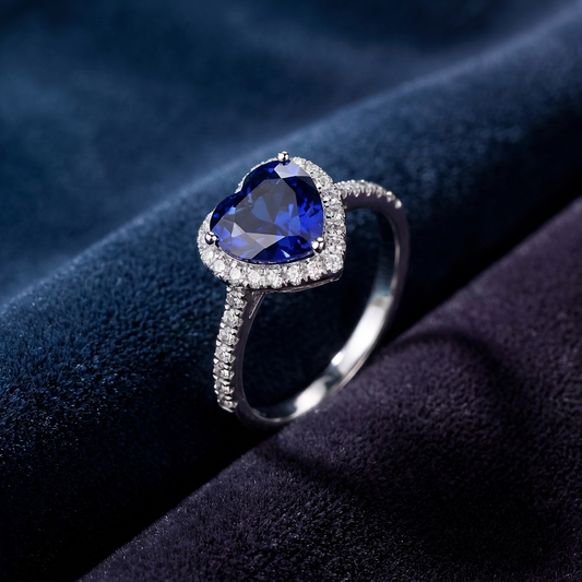 2 carat blue heart moissanite ring in platinum-plated sterling silver with pavé side stones on a dark fabric background