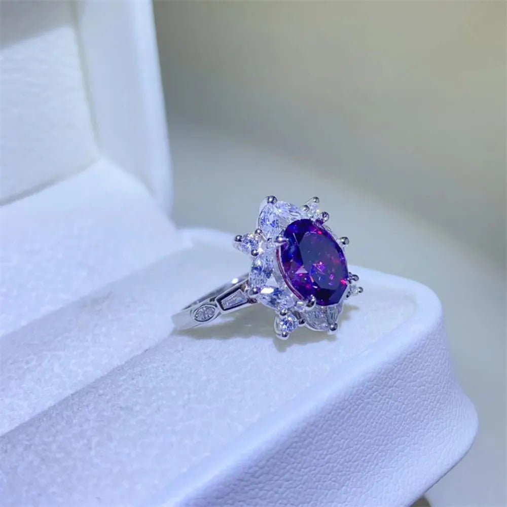 Veloria 2-carat violet moissanite floral halo ring in sterling silver by MerchLuxx
