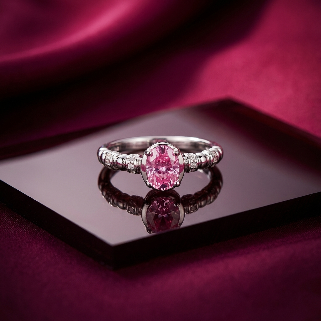 Rosavelle 1-carat pink moissanite ring in platinum-plated sterling silver by MerchLuxx on a reflective surface with a red fabric background