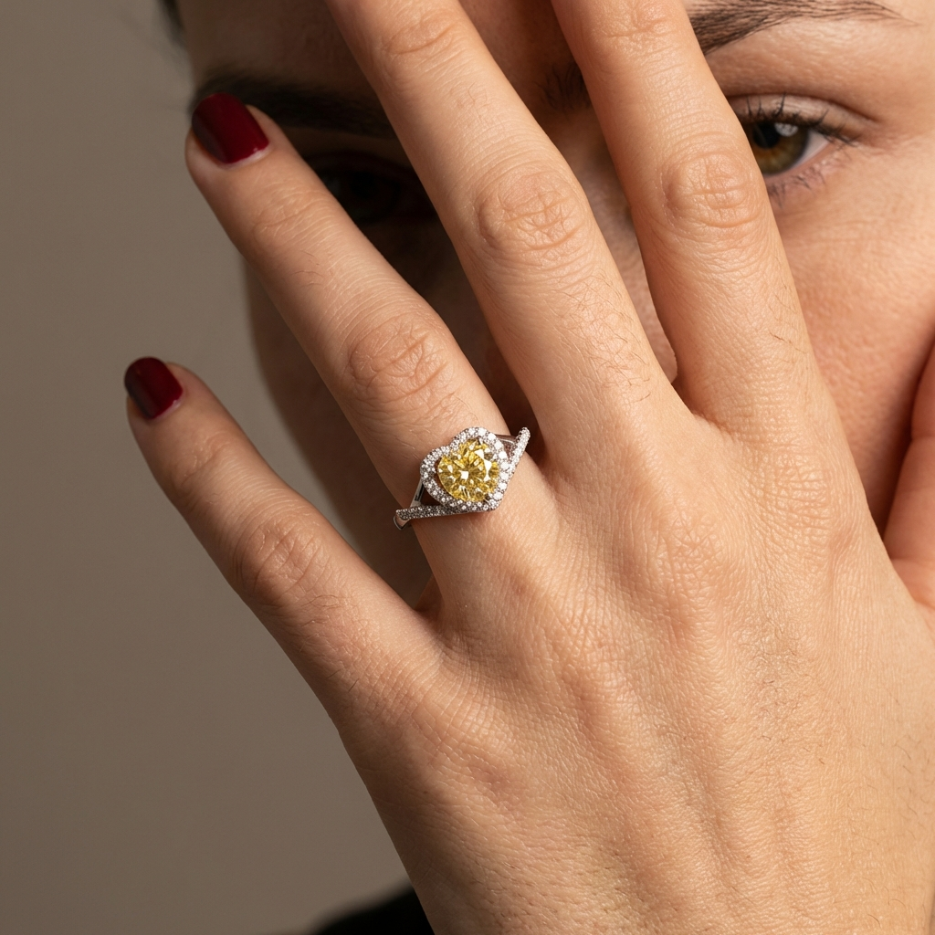 Close-up of a hand with the  1-carat heart moissanite halo ring in platinum-plated sterling silver available in green, yellow, and white with a blurred background