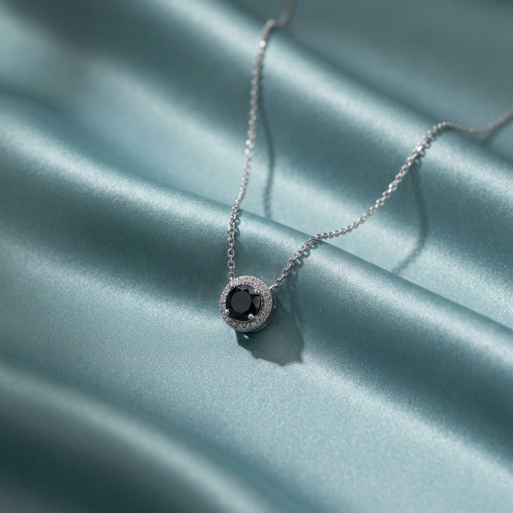 Noctéra 1 carat two-tone moissanite halo pendant necklace in platinum-plated sterling silver by MerchLuxx on a light blue fabric background