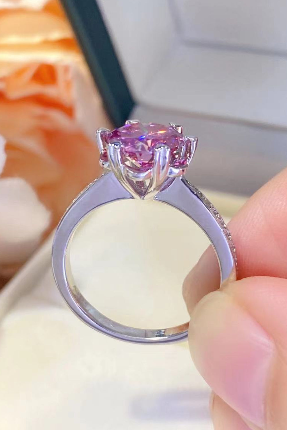 Roséluxe 2-carat pink moissanite ring in platinum-plated sterling silver by MerchLuxx