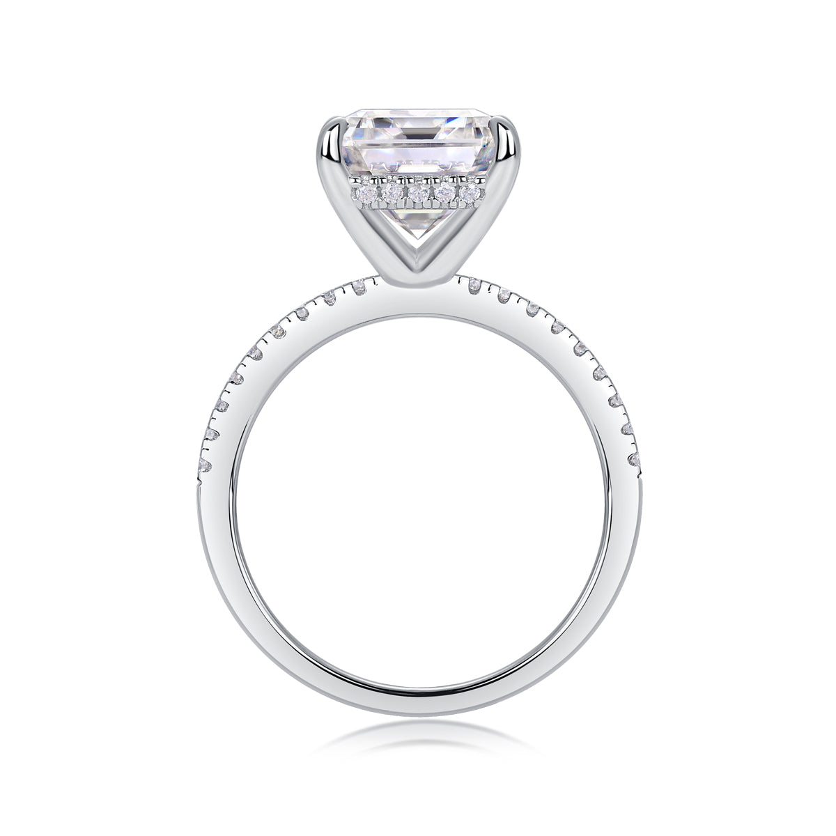 Luminara 9x11mm octagonal moissanite engagement ring in platinum-plated sterling silver cathedral setting by Merchluxx with a diamond on a white background