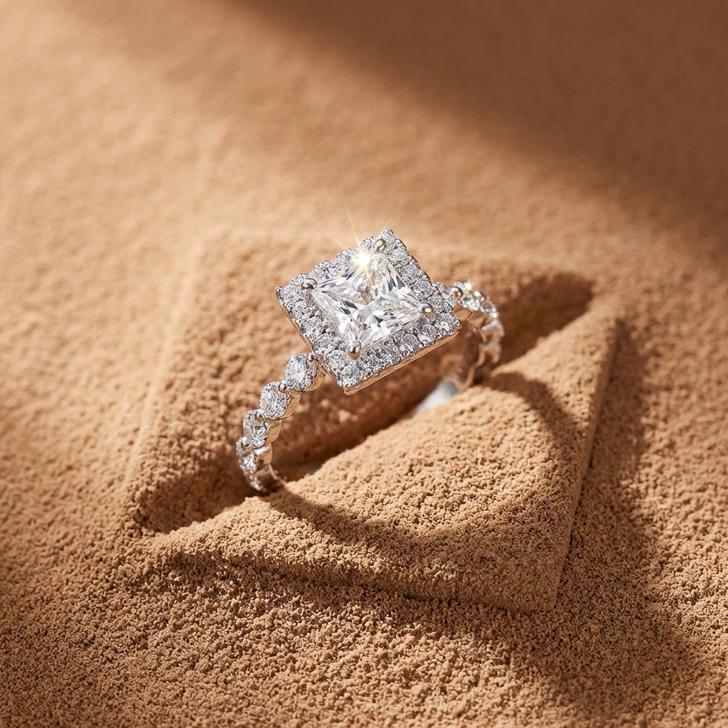 1 carat square-cut moissanite halo ring in platinum-plated sterling silver with pavé side stones on a textured brown surface