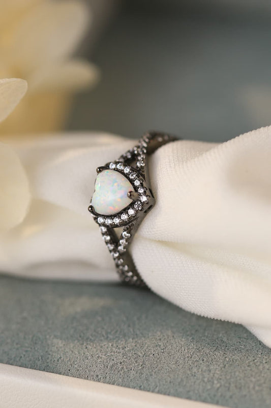 Opal Heart Black Gold-Plated Ring – Sterling Silver & Zircon | MerchLuxx - MerchLuxx