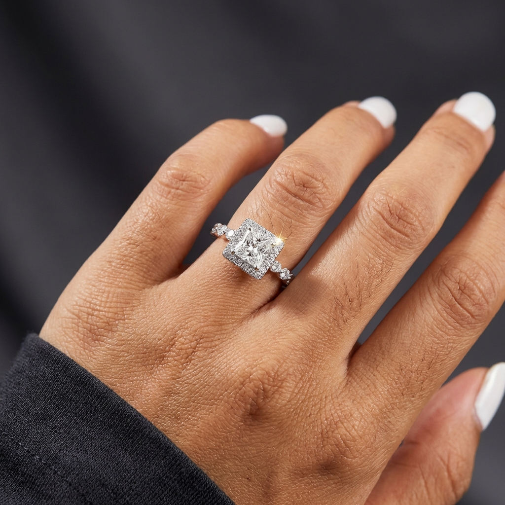 1 carat square-cut moissanite halo ring in platinum-plated sterling silver with pavé side stones on a hand with a dark background