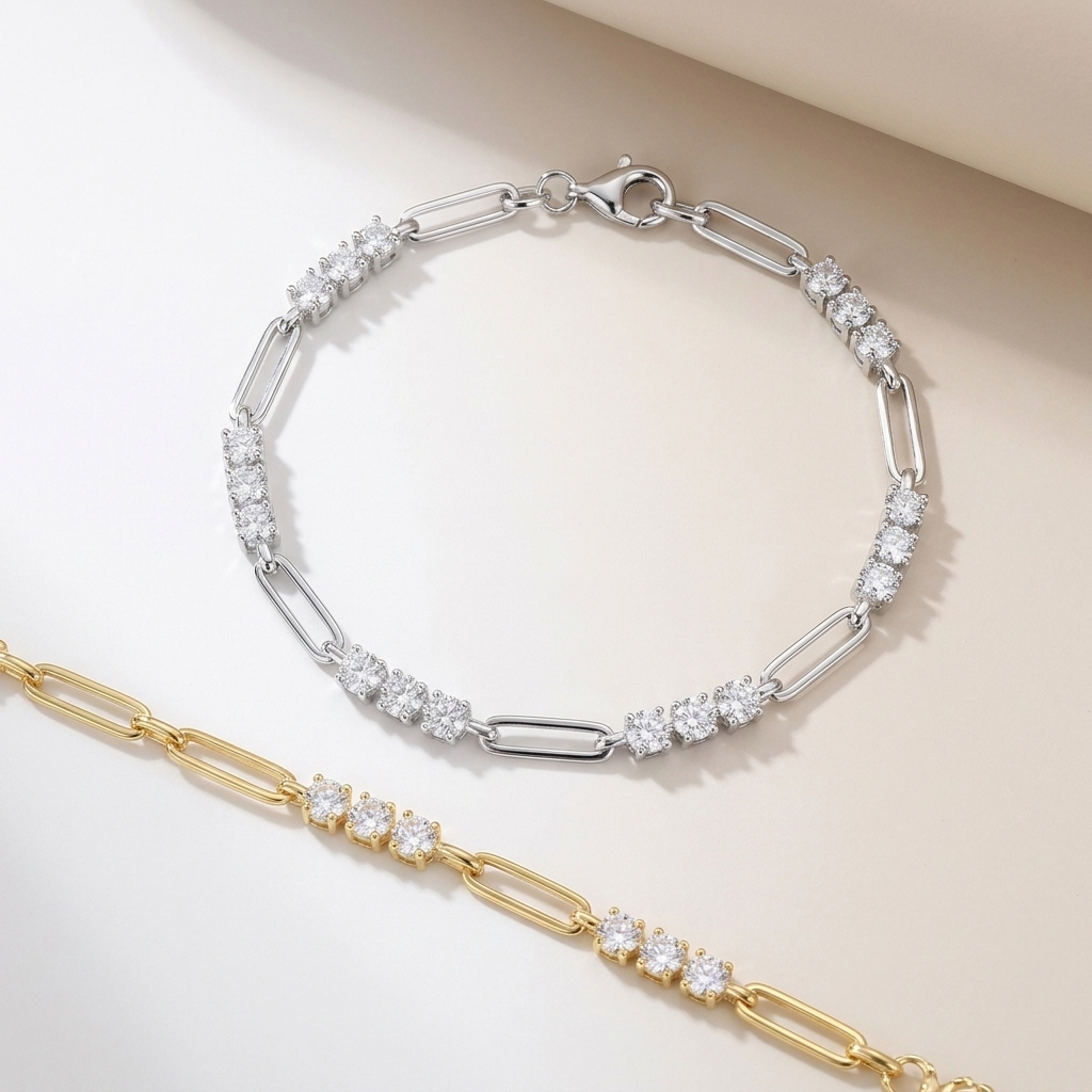 Two gold and silver 1.8 carat minimalist moissanite bracelets in sterling silver on a  light background