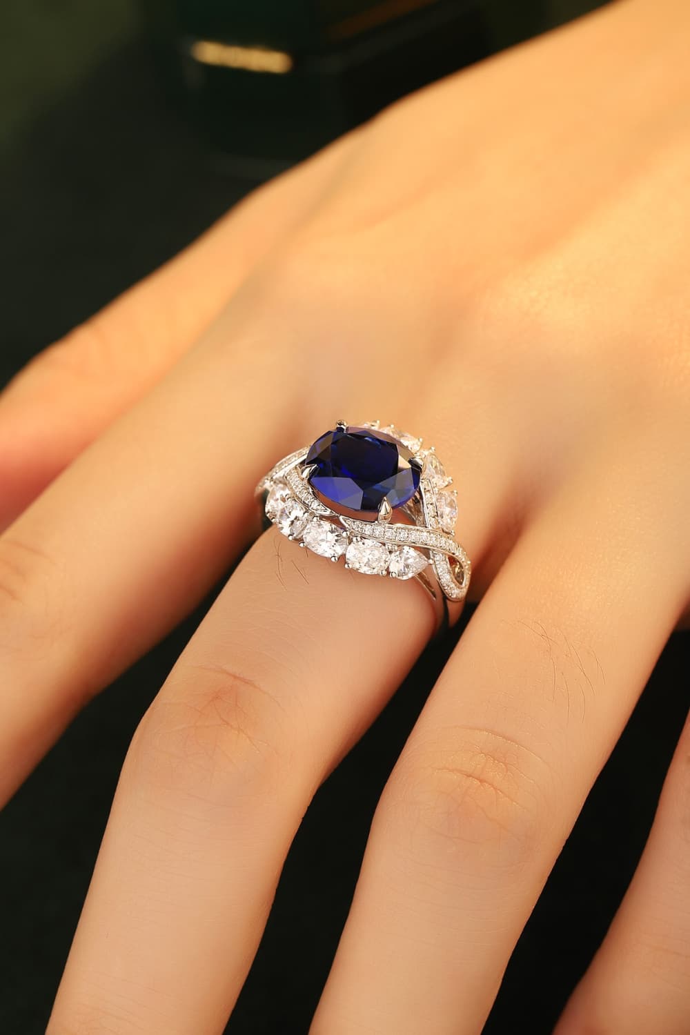 Sapphira 5-carat lab-grown blue sapphire ring in platinum-plated sterling silver by MerchLuxx