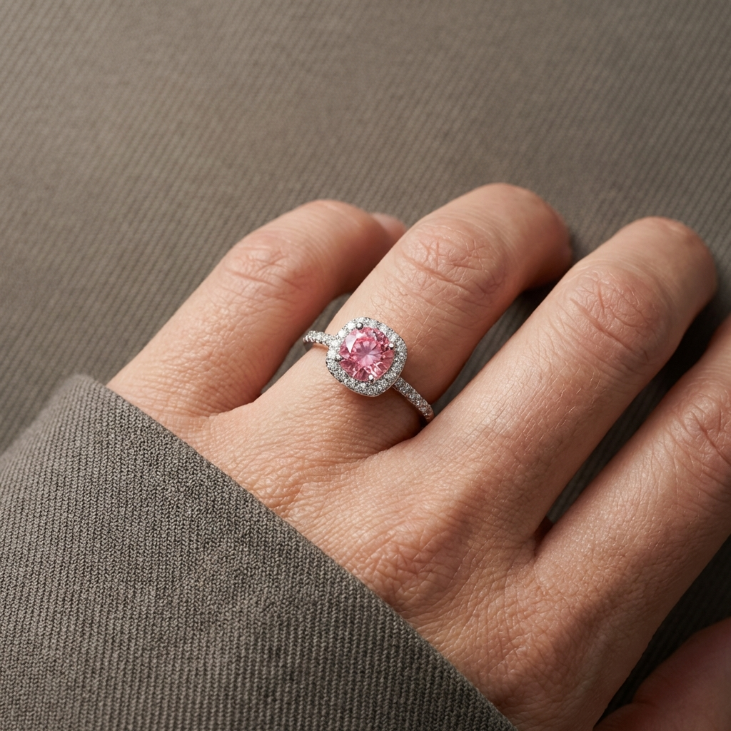 Close-up of a hand wearing Adorea 1-carat moissanite halo ring in sterling silver by MerchLuxx with a central pink moissanite surrounded by smaller clear stones on a neutral background