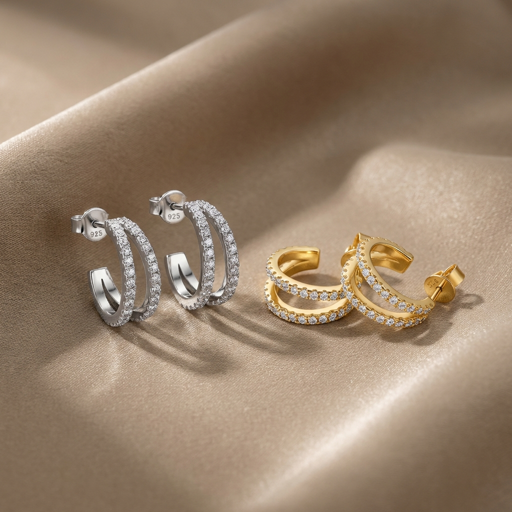 Pair of 18K gold plated moissanite C hoop earrings in sterling silver