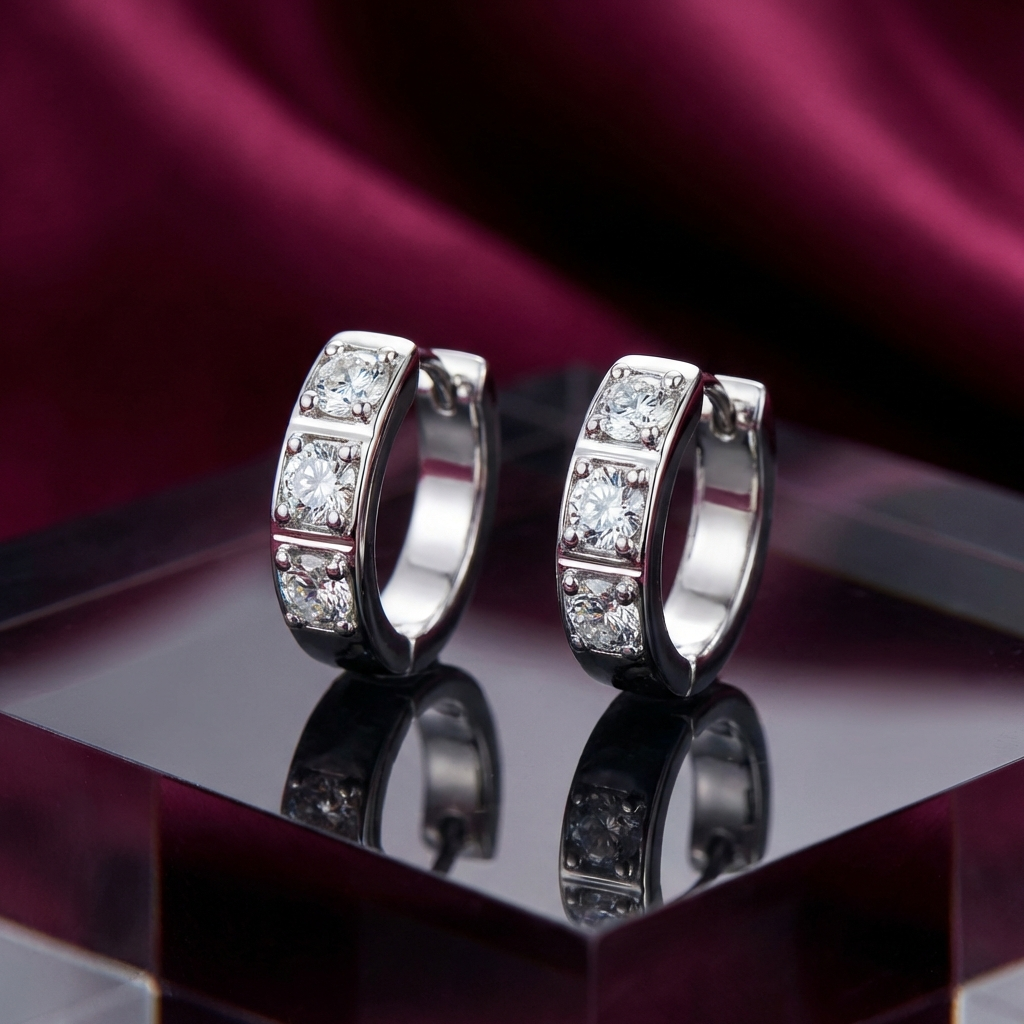 Platinum-plated sterling silver huggie earrings with inlaid moissanite stones in minimalist hoop design