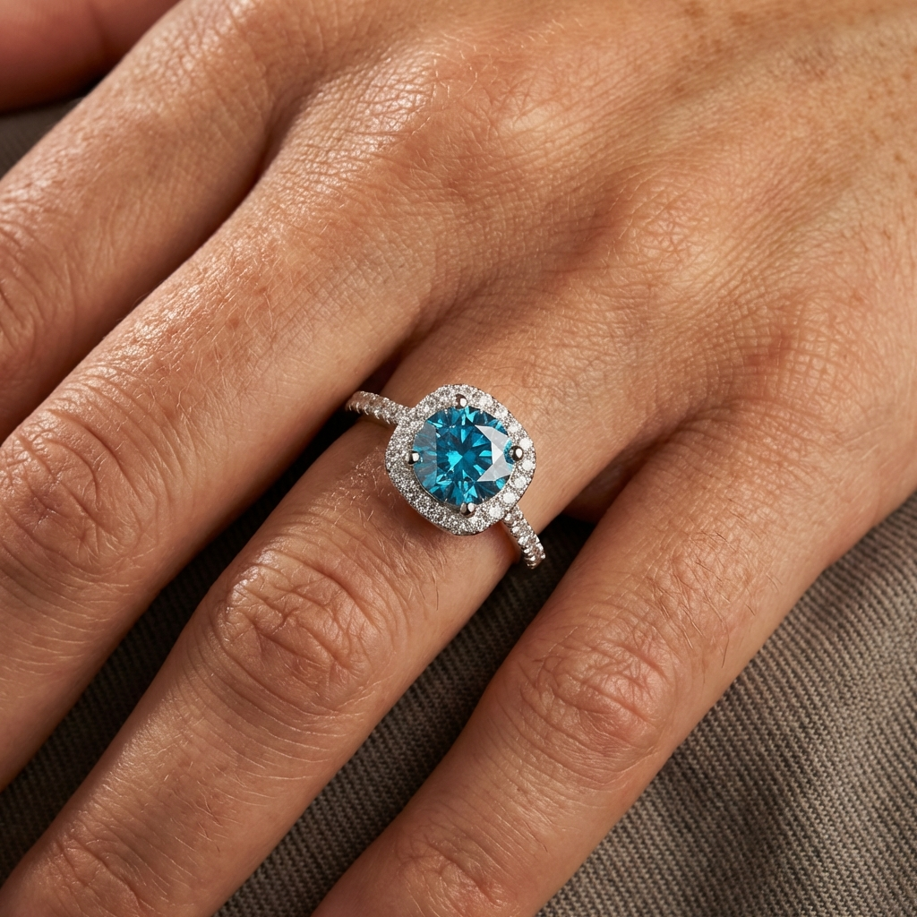 Close-up of a hand wearing an Adorea 1-carat moissanite halo ring in sterling silver by MerchLuxx with a central blue moissanite surrounded by smaller clear stones on a neutral background