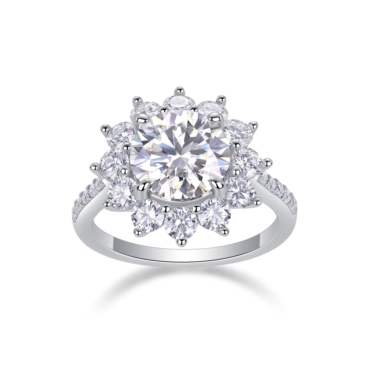 Soléa 3 carat moissanite floral halo ring in platinum-plated sterling silver statement engagement ring by MerchLuxx with a white background