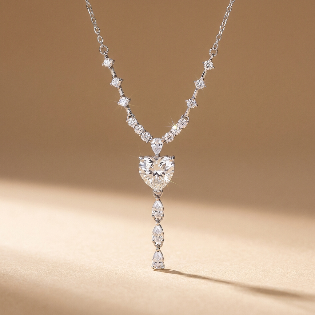 3 carat moissanite drop necklace in platinum-plated 925 sterling silver with V-shaped accent stones on a beige background