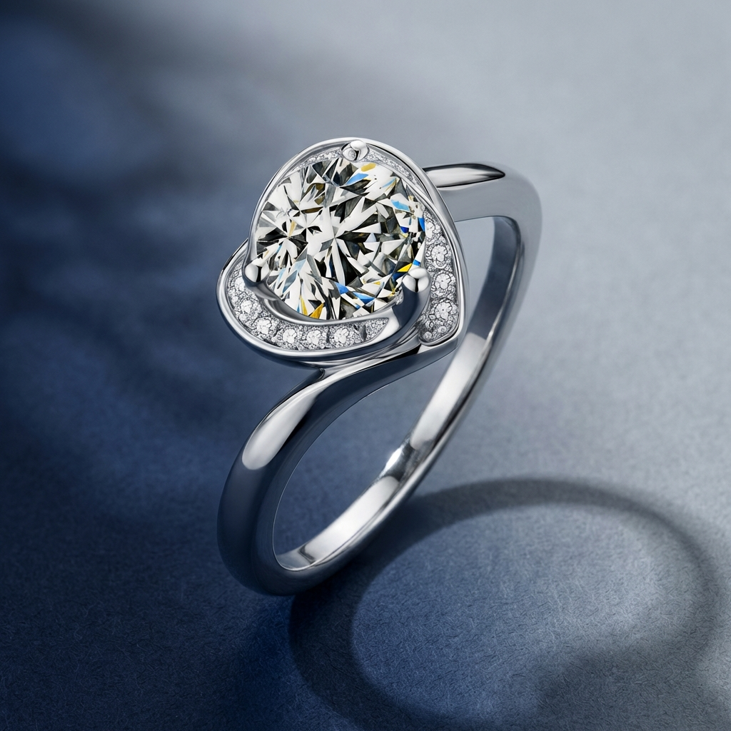 1 carat heart moissanite swirl ring in platinum-plated 925 sterling silver with zircon accents on a dark background