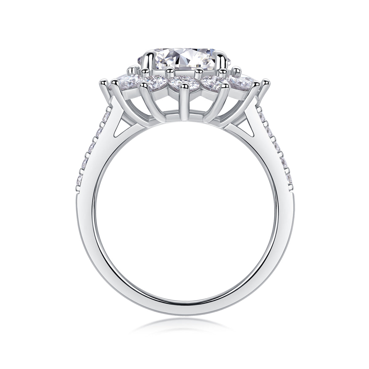 Soléa 3 carat moissanite floral halo ring in platinum-plated sterling silver statement engagement ring by MerchLuxx with a white background